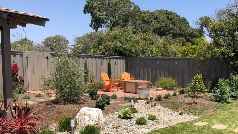 Back yard fire pit design surrounded by boulders, drought tolerant plants and olive tree focal point. 