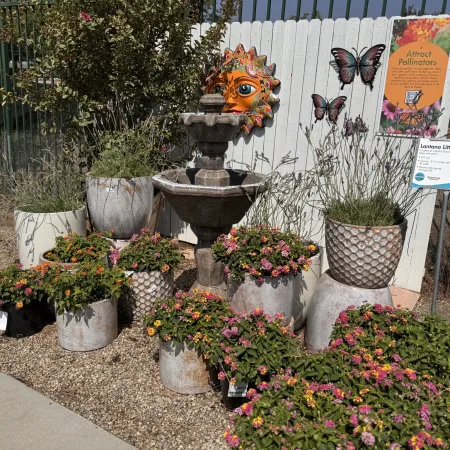 Outdoor garden display with colorful potted flowers, a stone fountain, butterfly decor, and informational signs about pollinators.