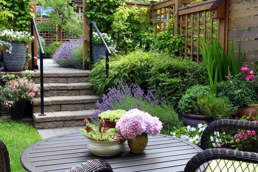 Cozy garden patio with a round table, potted flowers, wicker chairs, and stone steps leading to lush greenery.