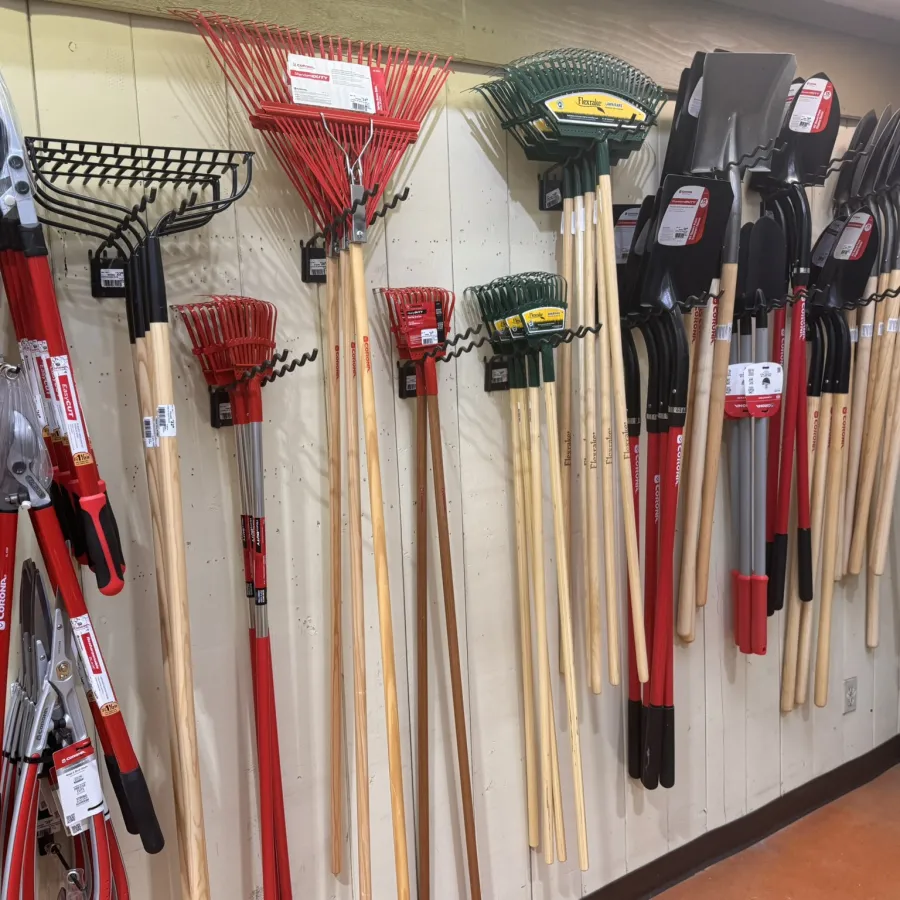 A store display of various garden tools including rakes, shovels, and pruners organized on a wall.