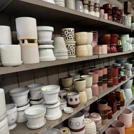 Store shelves filled with various ceramic and clay plant pots in different shapes, colors, and sizes.