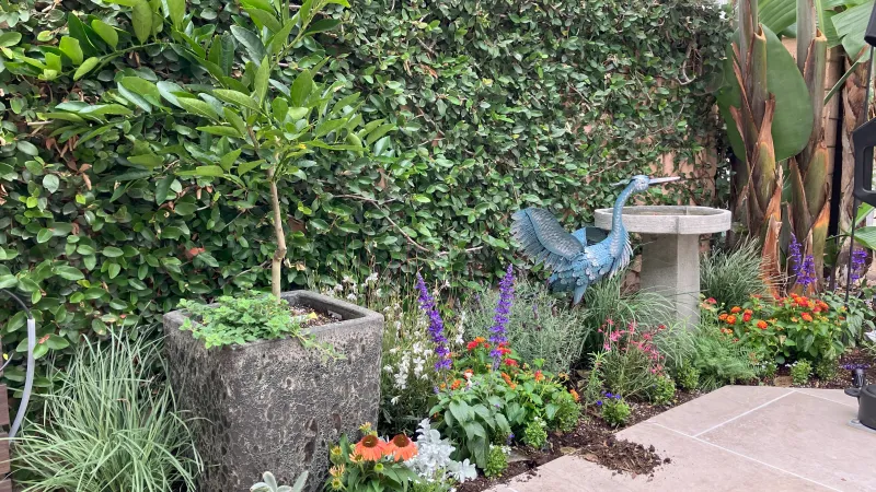 Elegant yard art and bird bath bring this beautifully designed flower bed to life.