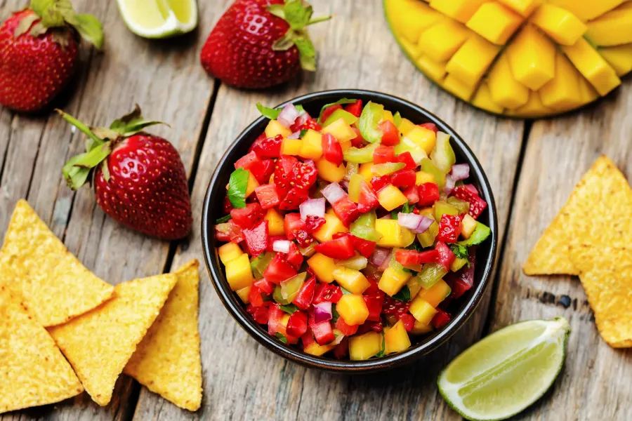 fresh strawberry salsa with mango, red onion, limes and more