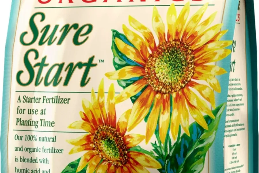 E.B. Stone Organics Sure Start starter fertilizer bag with sunflower illustration and product details
