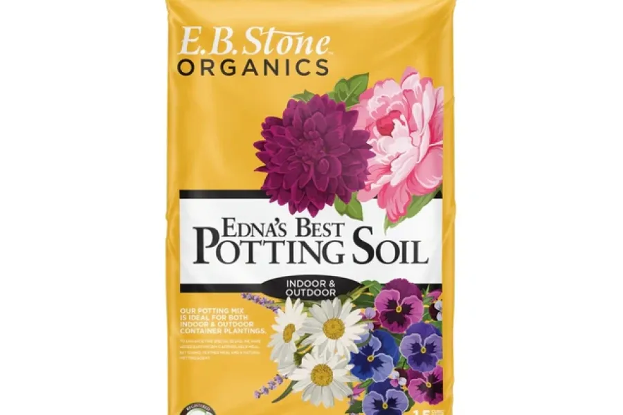 Bag of E.B. Stone Organics Edna's Best Potting Soil for indoor and outdoor plants with floral graphics.